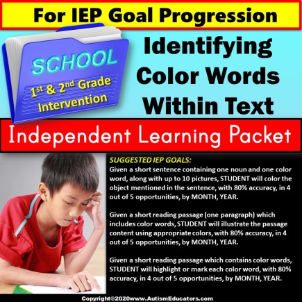 Independent Learning Packet for Special Education | Identify Color Words in Text